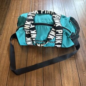 Victoria's Secret PINK Teal Weekender Duffle Gym Bag Black Logo Straps